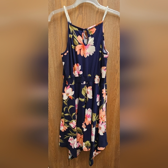 Floral Navy Blue Sleeveless Dress Size 18 Scarf Drape Hem - Picture 10 of 10